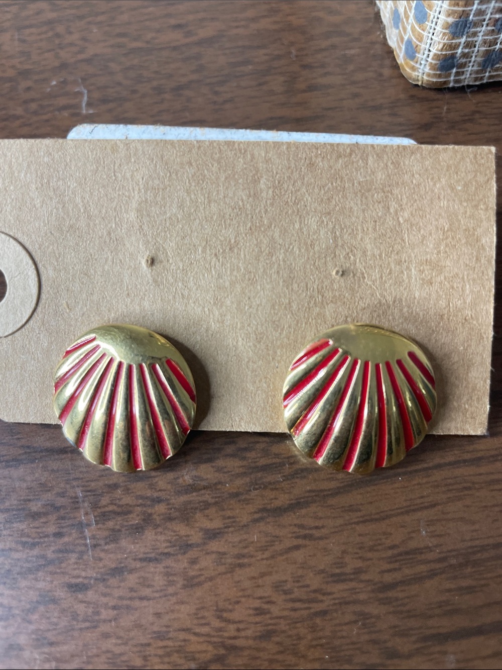 Gold Shell-Shaped Clip Earrings with Red Accents